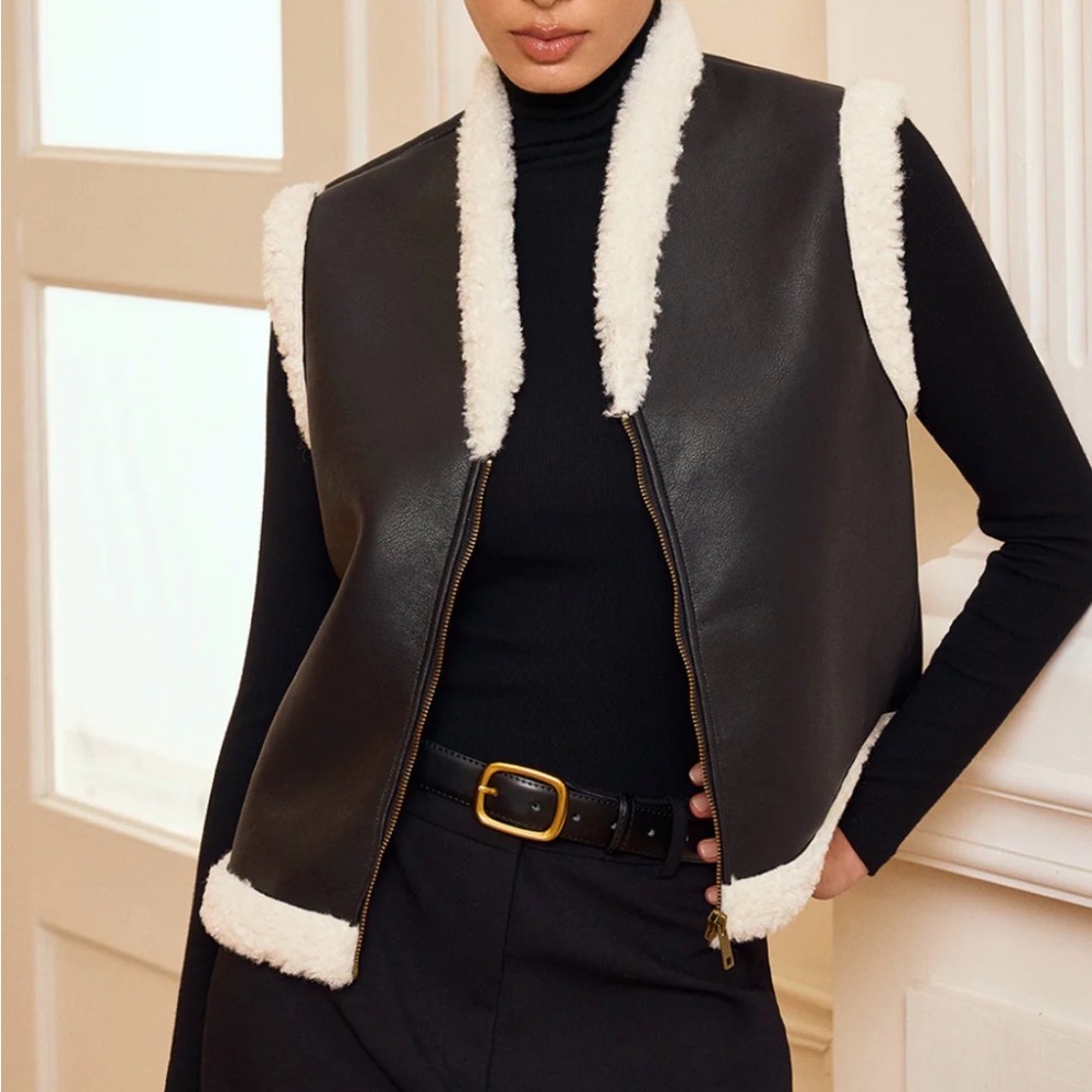 Commense Shearling Trim Zip-Up Faux Leather Vest Black White Size Small medium